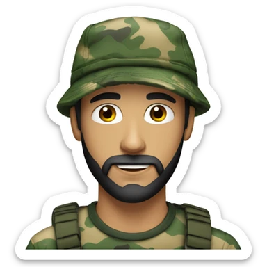 an attractive young white man with eyes wearing a camo hat and a nicely trimmed 
black beard sticker