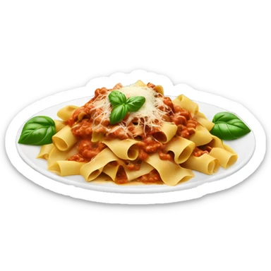 Plate of pappardelle topped with Bolognese sauce, cheese and basil  sticker