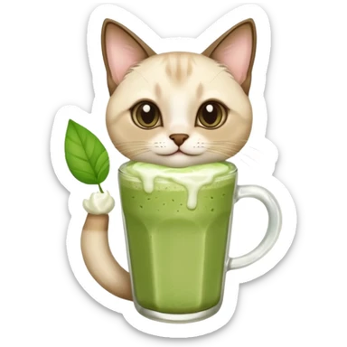 Happy Siamese Cat holding in its paws an iced matcha latte sticker