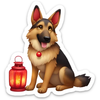 Brindled German shepherd fox carrying glowing red lantern, fairy lights, rose flower crown sticker
