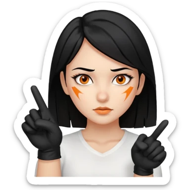 Girl with Black hair , scars on her nose to her left cheeks,orange eyes, withe shirt, pointing at you , with black gloves  sticker