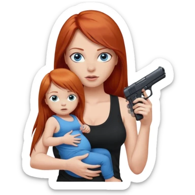 A red head with long straight hair, she has blue eyes with big boobs. She’s wearing a black tank top and holding a gun up in one hand and a baby boy with blue eyes sucking on one of her boobs in the other arm sticker