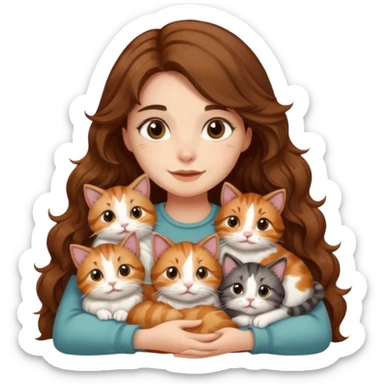 girl with long wavy brown hair cuddling with 6 cute cats sticker