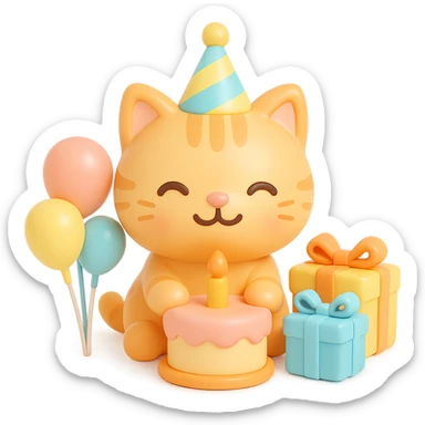 ginger tabby kitten celebrating birthday, wearing a birthday hat, with birthday cake, balloons, happy expression, and gifts sticker