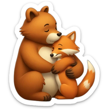 Big bear hugs a small fox very tightly sticker