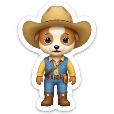 a very cute and adorable anthropomorphic puppy with a cowboy hat ,yellow shirt and blue jeans and brown boots is walking  sticker