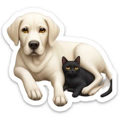 White Labrador laying with a black Labrador with an American short hair cat looking grumpy sticker