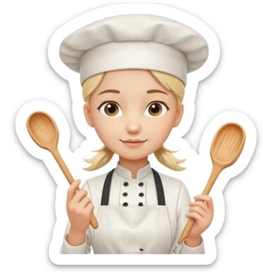 Young female pastry chef - single ponytail, apron, wearing a white hat, holding a cream piping bag sticker