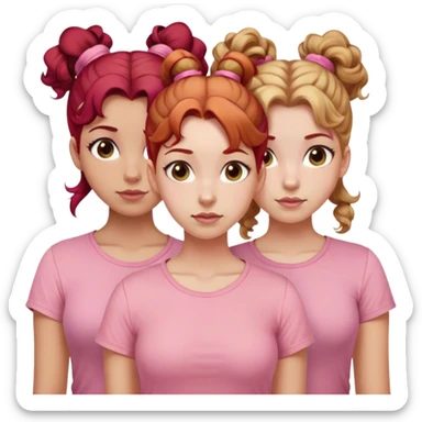 One roll no pink hair allowed Three sisters one of them have red hair with buns. One of them have dirty blonde hair with ponytail. One of them have white curls with light brown hair hair and they are all wearing pink shirts sticker