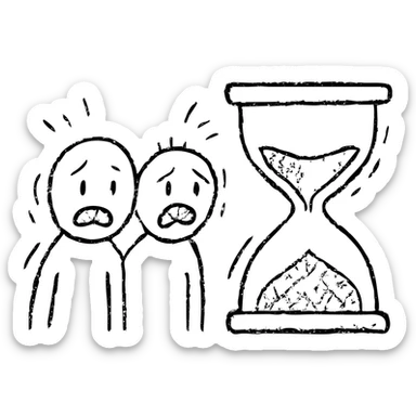 ultra-minimalist hand-drawn outlined icon of two figures, trembling clock or hourglass, extremely worn and eroded texture, anxious and stressed expressions, sense of terror sticker