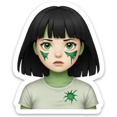 Garota de cabelo preto com franja com a pele verde e ferimentos expostos na cara, usa uma camiseta branca rasgada e suja de poeira  sticker