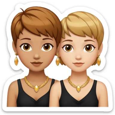 Fair skin and caramel colored besties with brown hair pixie cuts wearing jewelry   sticker