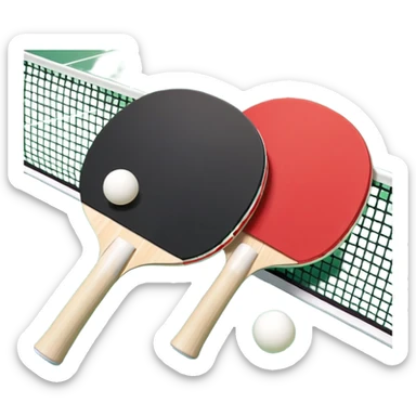 Two table tennis paddles and a ball placed on a ping pong table, with the net in the background. The scene conveys the simplicity and focus of the sport, with vibrant colors highlighting the rackets and ball on the smooth surface of the table. sticker