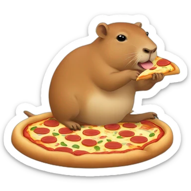little capybara eating a pizza while riding on capybara sticker