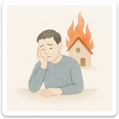 a man sits sadly at a table, a house is burning behind him, painterly expressive style sticker