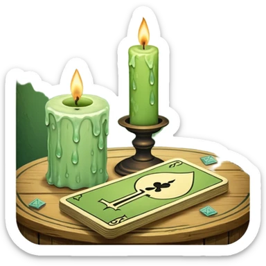 A light green deck of tarot cards and a one candle nearby sticker
