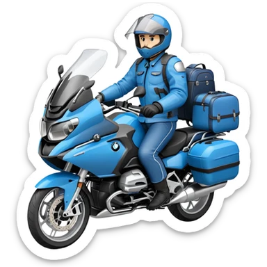 blue BMW R 1200 RT touring motorcycle with rider and luggage panniers sticker