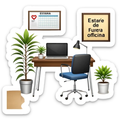 imagen de una oficina moderna con escritorio, silla, notebook, agenda y una planta con un cartel que diga en español ESTARÉ FUERA DE OFICINA sticker