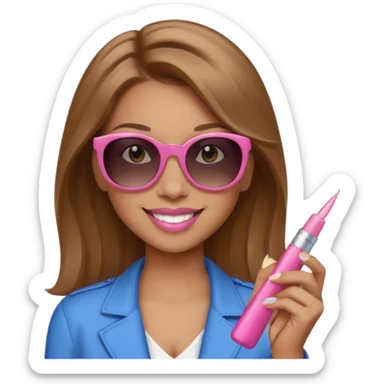 confident woman with light brown hair, light pink lipstick, lighter skin color, wearing sunglasses sticker
