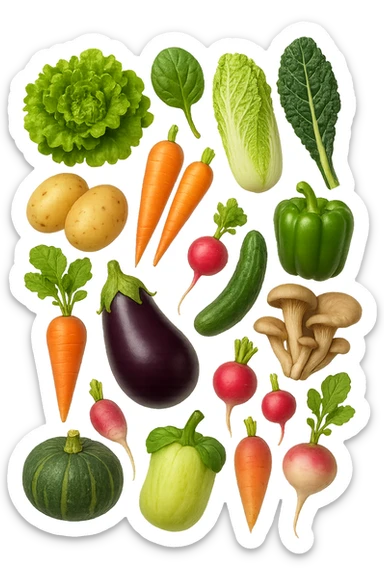 emoji stile iphone 3d di Lattuga, spinaci, cavolo cinese, cavolo nero
Patate, carote, rape, ravanelli
Melanzane, cetrioli, peperoni verdi
Funghi ostrica
Zucca kabocha
 che fluttuano in aria, iperealistico 4k sticker