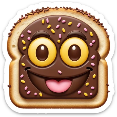 Cinematic Realistic Hagelslag Treat Emoji, depicted as crunchy chocolate sprinkles on buttered bread rendered with vivid textures and playful, inviting lighting. sticker