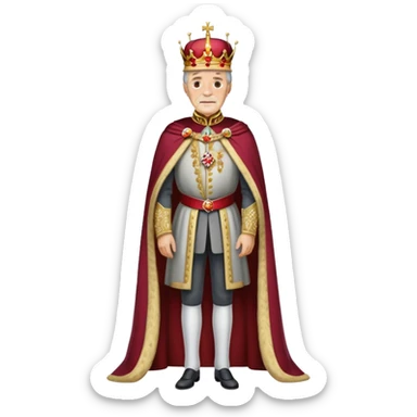 Full body of elderly, thin Carlos I of Spain with brown hair, Habsburg king standing in royal attire with crown, cape, and prominent jaw sticker