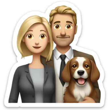 Tall husband and short wife with small white and brown dog sticker