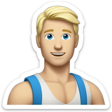 white blonde man with blue eyes and tanktop points his hand upwards sticker
