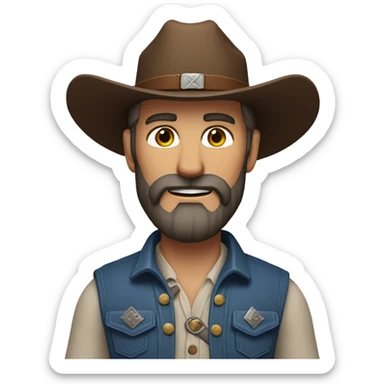 a rugged cowboy with a thick beard, wearing a blue vest over a classic western shirt and a brown belt with a silver buckle. He should have a confident stance, exuding a strong and adventurous frontier spirit. sticker