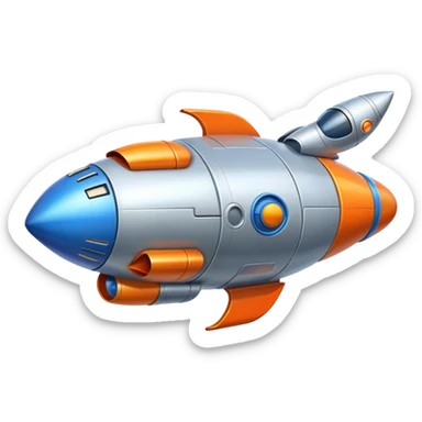 Spaceship with a large rounded belly in the middle, rocket boosters, personified with a happy face sticker