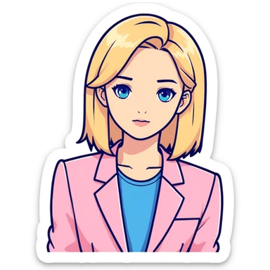 Blond girl working in the office hard professional with pink blazer blue eyes  sticker