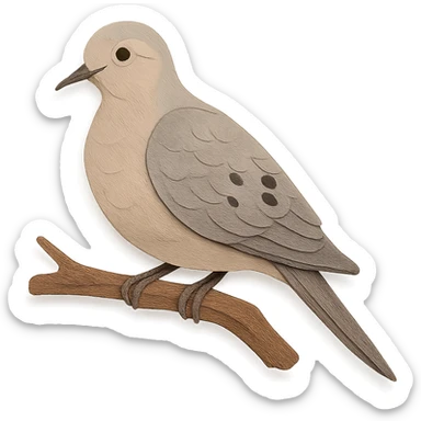 very detailed mourning dove perched on a tree branch, intricate cut paper textures, soft gray and beige feathers, black spots on wings, gentle expression sticker