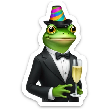 Frog in a tuxedo wearing a birthday hat and drinking champagne  sticker