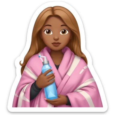 Curvy, light brown long hair, pretty black girl light pink lipgloss wrapped in blanket holding a brown cigarette and water bottle  sticker