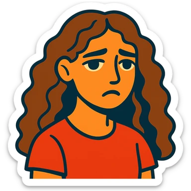 vibrant illustration of a girl with long curly brown hair (not too dark), intense dark brown eyes, clear skin (neither pale nor tan), mole on right cheek, sad expression sticker