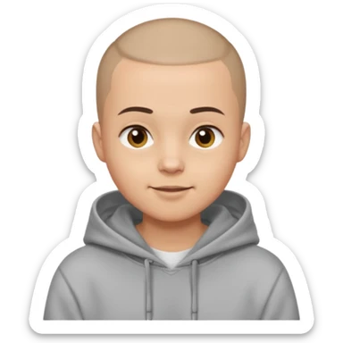 Light skin tone
Buzz cut (very short hair)
Thick, straight eyebrows
Big round brown eyes
Small closed-mouth smile
Wearing a grey hoodie over a white T-shirt sticker