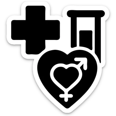 Professional symbol for sexual health clinic with medical cross, test tube, and subtle heart icon sticker