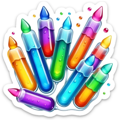 Create an icon that represents decorative arts using epoxy resin in tubes. The design should feature colorful tubes of resin, including fluorescent resin tubes, with visible drops or strokes of resin being applied to create intricate designs. Include examples of finished resin jewelry or decorative pieces, such as pendants, rings, or abstract art. The composition should feel vibrant and artistic, highlighting the creative and glowing nature of resin crafting. The background should be transparent. sticker