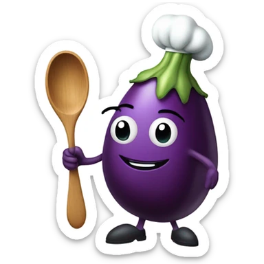 Eggplant with stem wearing chef’s apron on holding spoon sticker