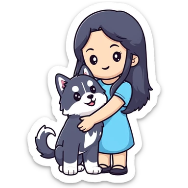 beautiful girl with long black hair holding a cute husky puppy sticker