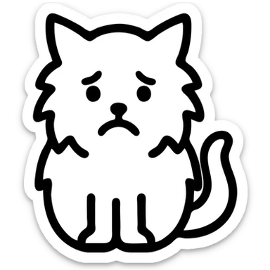 icon of a black and white fluffy cat with a sad face, minimalist iconographic style sticker