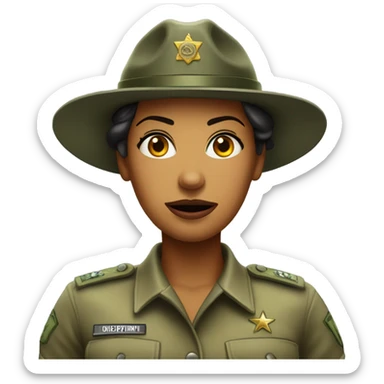 a female drill sergeant character wearing a classic sergeant hat and a camouflage army shirt. The character should have an angry intense expression. full torso sticker