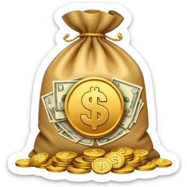 sack of money with a play icon printed on it, coins stacked beside sticker