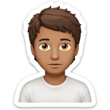 Homme brun cheveux court ondulé. Métisse. Yeux marrons très foncé. Avec t-shirt blanc sticker