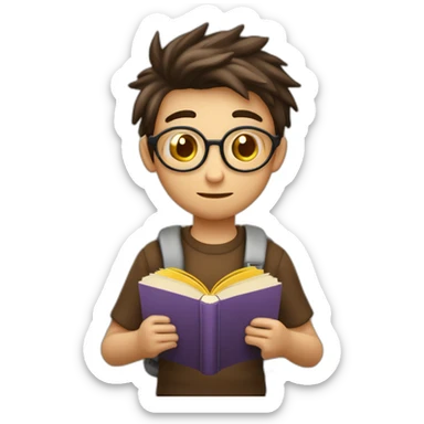 icono joven estudiante con  con un libro en sus manos y en su cabeza, junto a muchos libros y una lampara y un libro en su cabeza, con muchos y muchos  libros, de piel blanca sticker