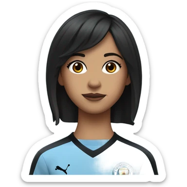 short hair girl, crunchy curtain bangs, with pixie back hair, black hair, dark brown eyes, with short eyelash, tan skin plump lower lip with a darker of shade on the upper lip, wearing a Manchester City jersey 24/25 season sticker