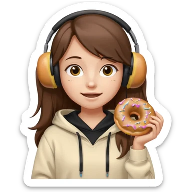 a girl with long brown hair green and wearing black headphones she is wearing a cream coulor baggy hoddie she is happyish holding a donut sticker