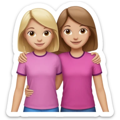 Two Girls with their arms around each other at summer camp one blonde one brown hair brown hair wearing pink shirt sticker