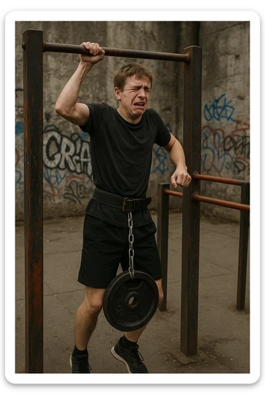 Giovane atleta neofita, fisico normale e non ancora sviluppato, si allena per la prima volta in uno spazio urbano per streetlifting: sbarra per trazioni, parallele, e pesi appesi alla cintura. Ma si è infortunato perchè non faceva le cose con la giusta tecnica. sticker