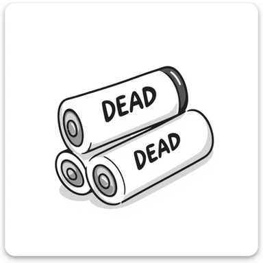 Two dead batteries stacked on top of each other, depleted, empty power sticker